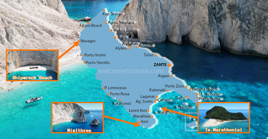 mappa delle 3 attrazioni via mare di Zante