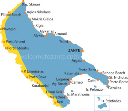 carte des plages de la côte ouest zante